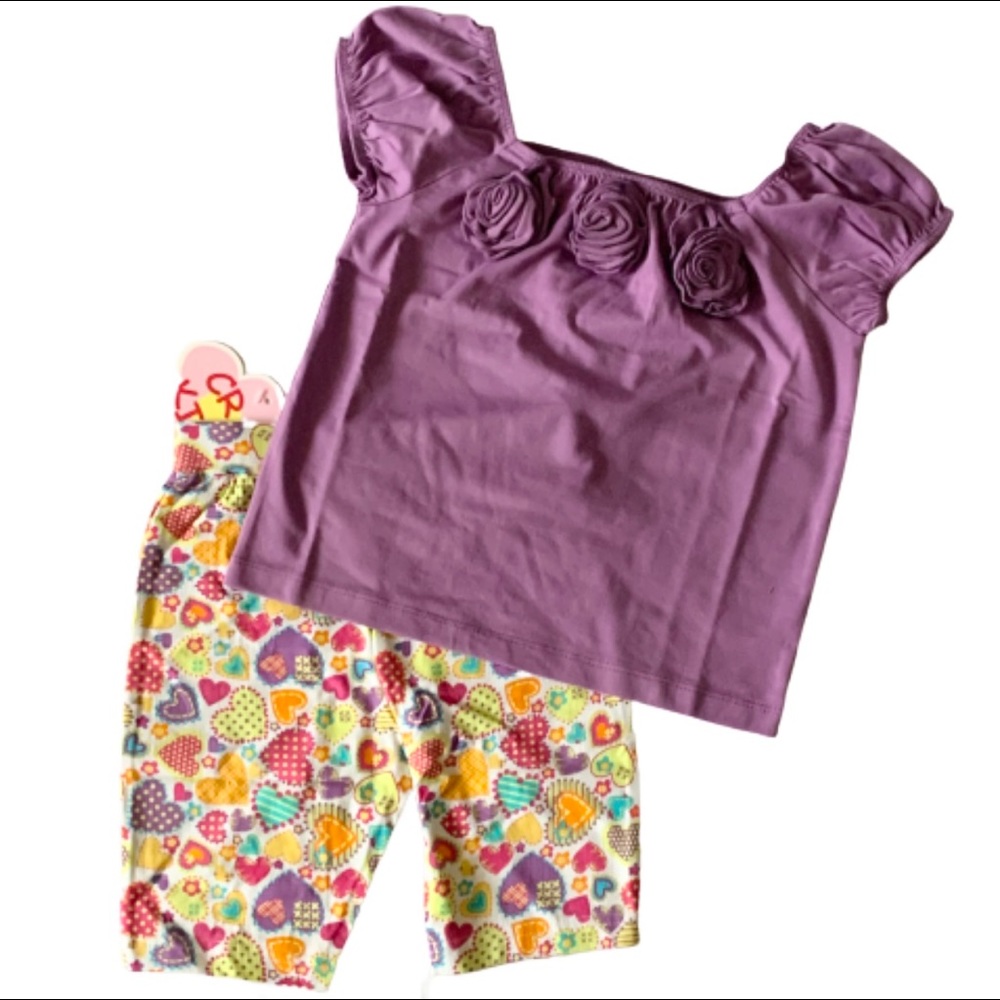 Knit print shorts and purple flower top set